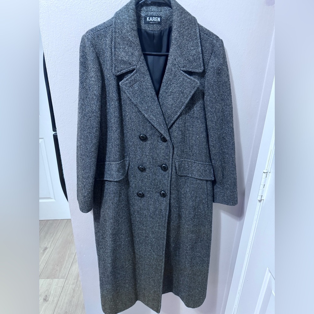 Karen 1970s Vintage Wool Herringbone Trench Coat Women Medium, Union Made